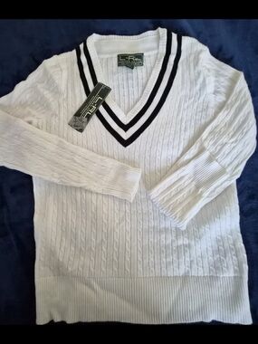 Lauren Ralph Lauren White Cable-Knit V-Neck Sweater with Black Trim
